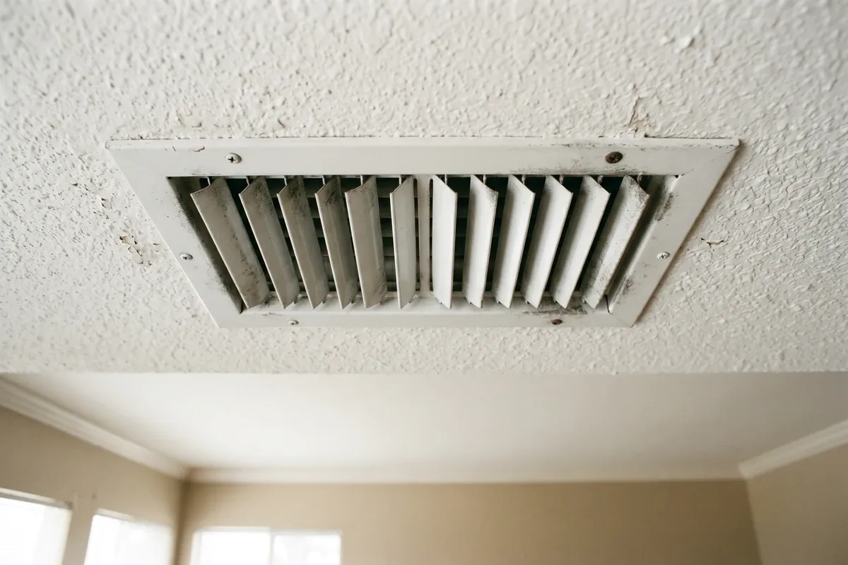 Closeup of an air conditioning ceiling vent register inside a Phoenix-style home, faint dark discoloration around the edges of the metal louvers, white ceiling.