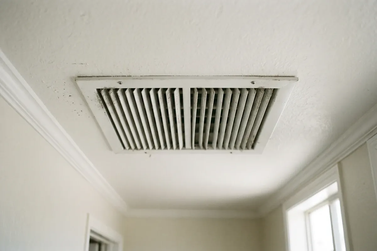 Phoenix home AC ceiling vent in a hallway showing slight dust accumulation around the grille, white ceiling, residential interior, natural light, no text.