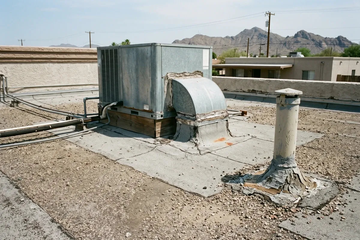 Aging flat roof on a single-story Phoenix stucco home, slightly cracked roof membrane near an HVAC penetration, worn gravel and aging sealant around a vent stack, bright Arizona daylight.