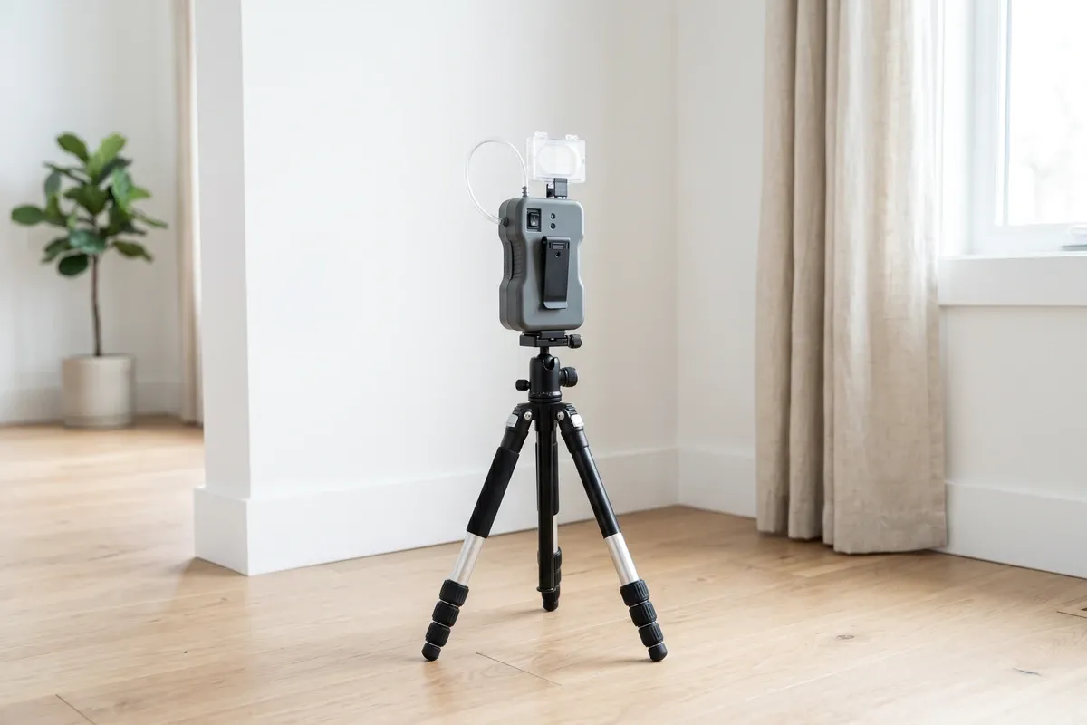 A portable air sampling pump with a spore-trap cassette running on a tripod in the corner of a Phoenix living room during a mold inspection