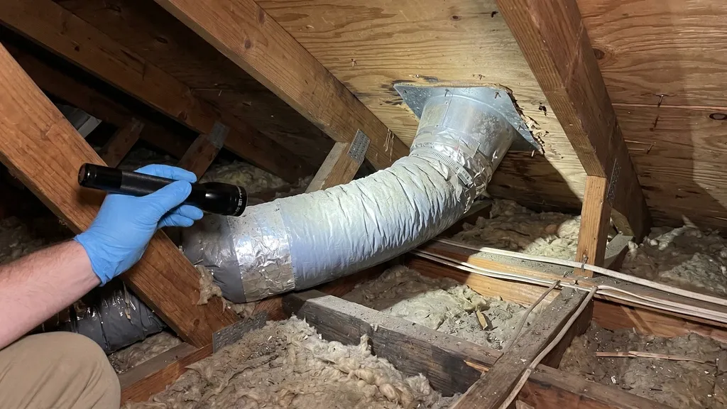 Gloved hand holding a flashlight illuminating a silver flex duct running between attic rafters, the duct connected to a white boot fitting at the roof deck, ordinary dusty residential attic.