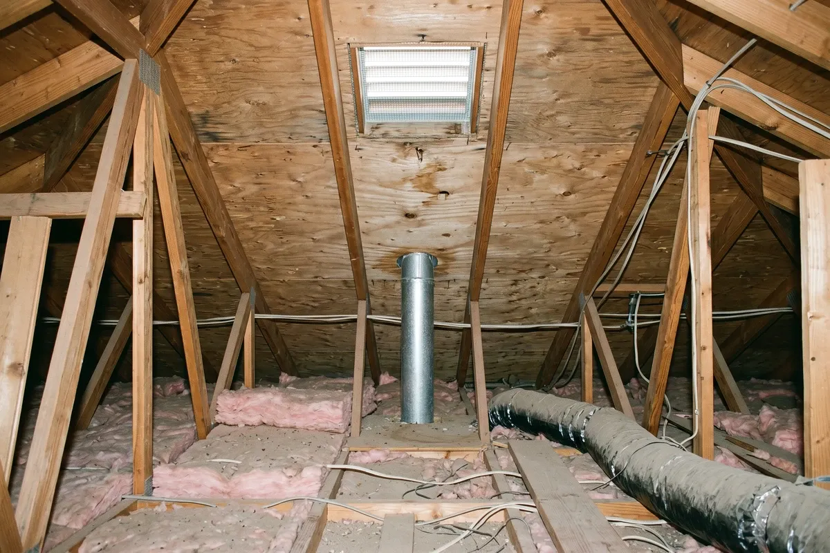 Phoenix residential attic interior in summer, insulation batts visible, a small faint water stain on the underside of roof sheathing near a roof penetration, natural overhead light.