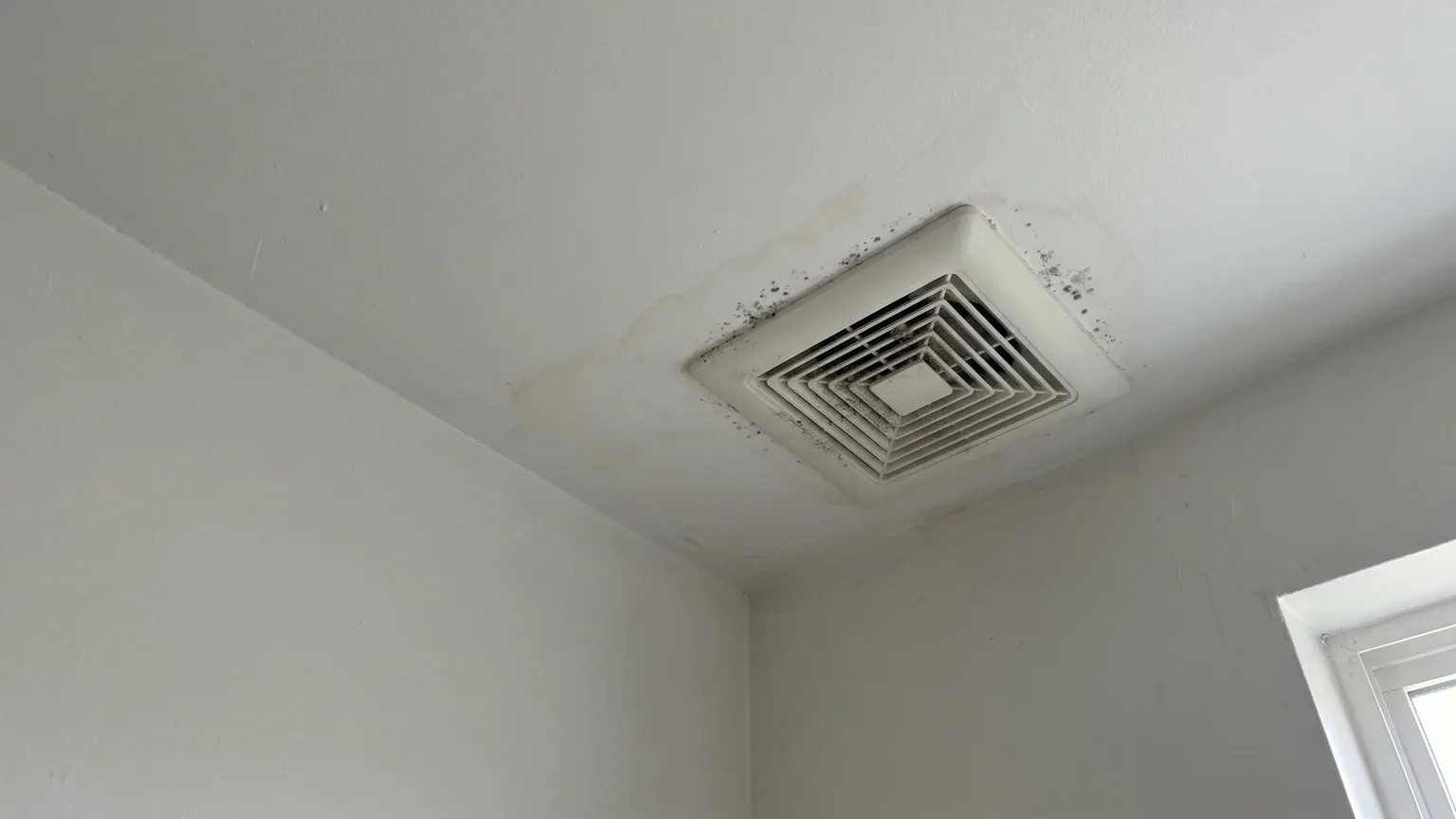 Faint water staining and early mold spotting on a bathroom ceiling near an exhaust fan vent opening in a Phoenix home — mild early-stage condition.