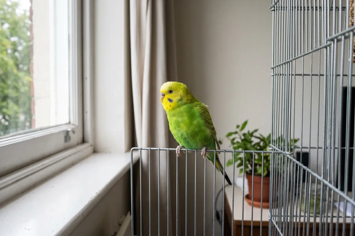 A green and yellow parakeet perched on a cage bar near a bright window, calm home environment, no people.