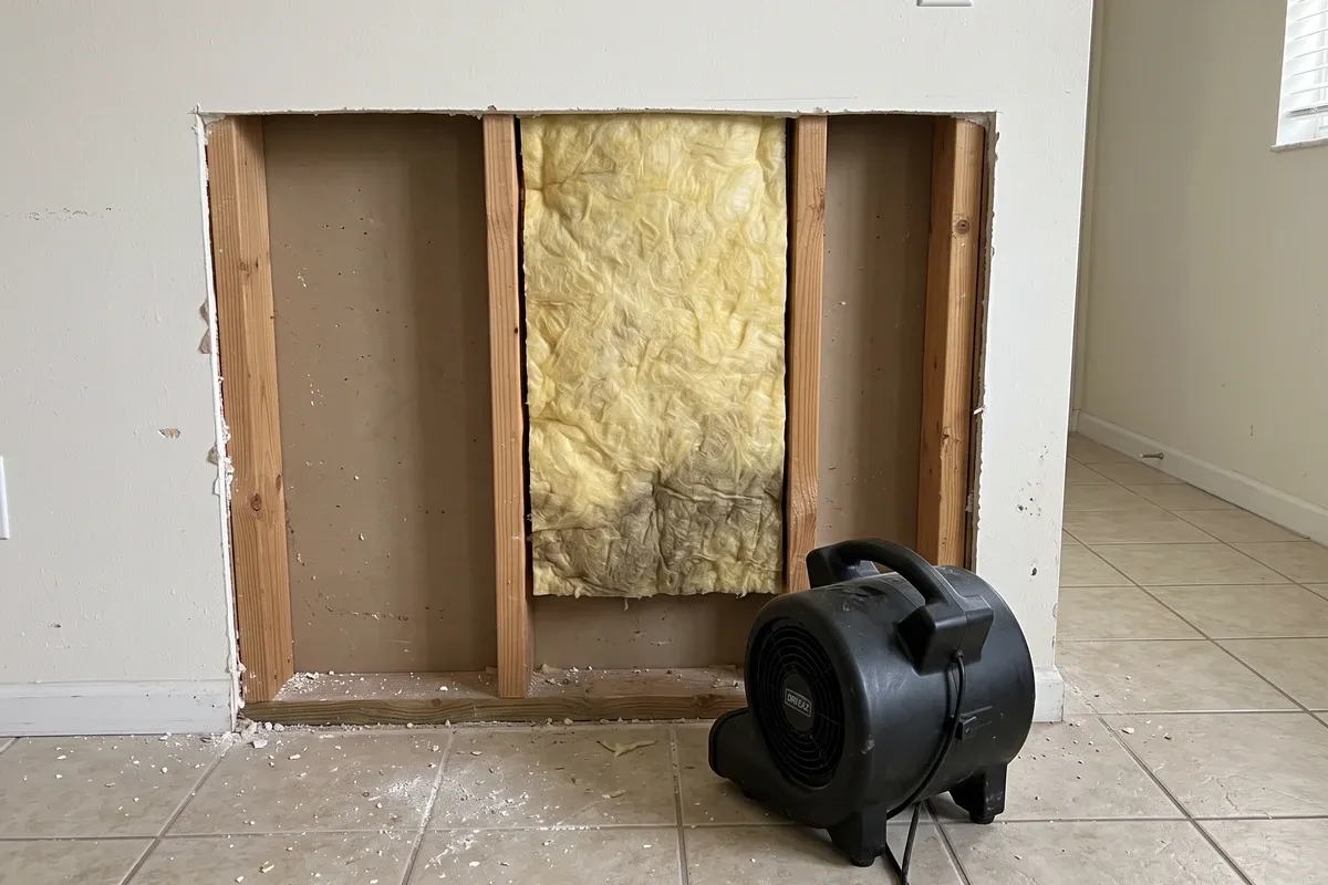 A band of drywall cut away across several stud bays, one of them holding a fiberglass batt discolored grey-brown over its lower third, with an air mover on the floor angled across the opening