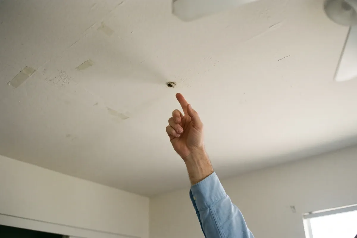 A hand reaching up to check a small dark spot on a bedroom ceiling in a Phoenix residential home, ordinary white ceiling, natural light from a window, no tools visible.