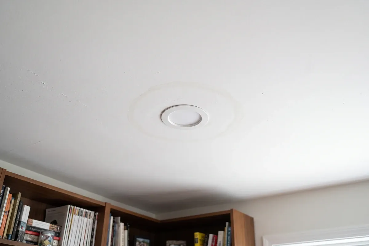 A faint pale water ring dried around a recessed light on a flat white ceiling in a living room
