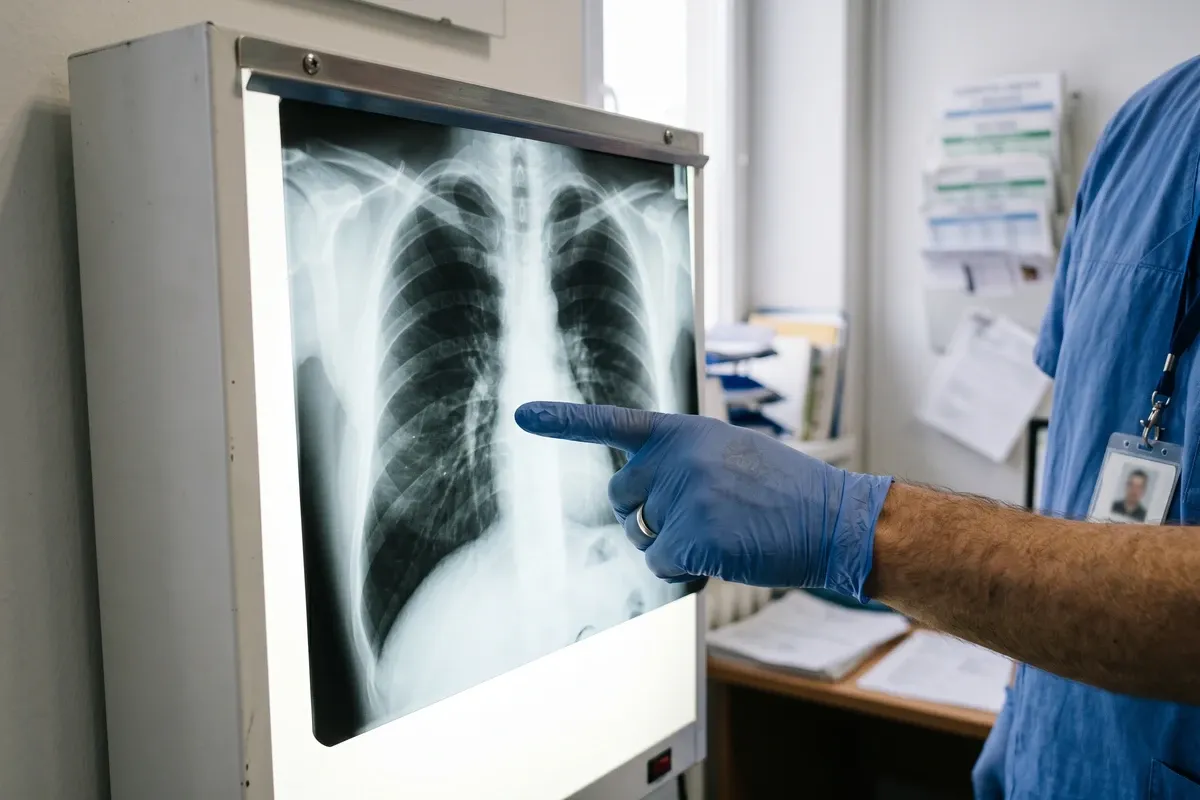 Doctor pointing at a chest X-ray on a lightbox showing lung fields — the kind of imaging used to diagnose conditions like hypersensitivity pneumonitis and invasive aspergillosis