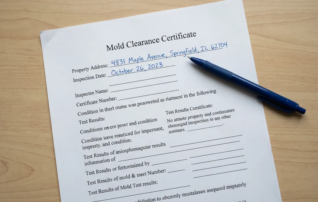 Overhead view of a mold clearance inspection document with property information fields on white paper, a ballpoint pen resting beside it on a light desk, natural light