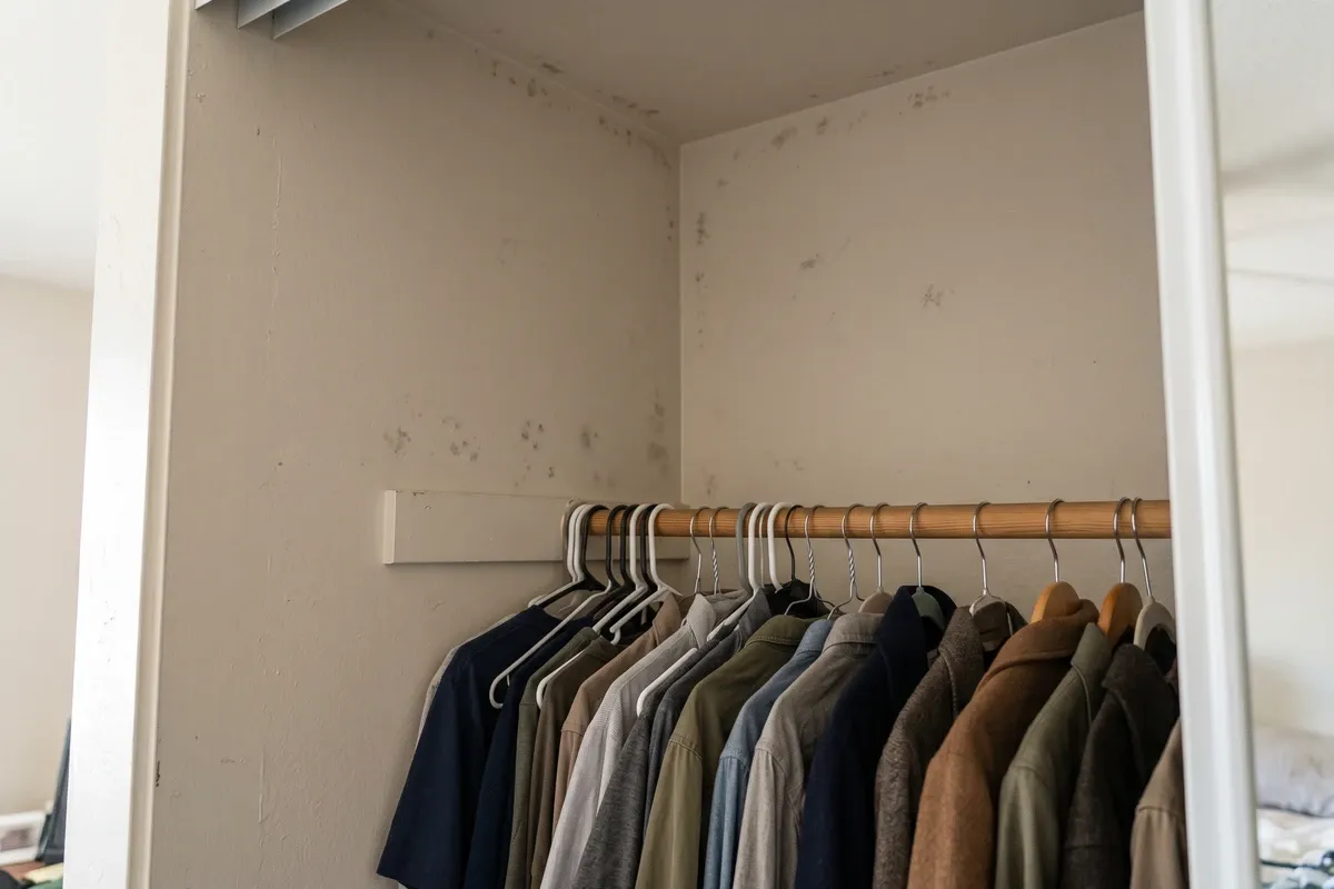 Back corner of a dim bedroom closet with faint grey mold spotting on the wall behind clothing, low available light, mild early-stage growth.