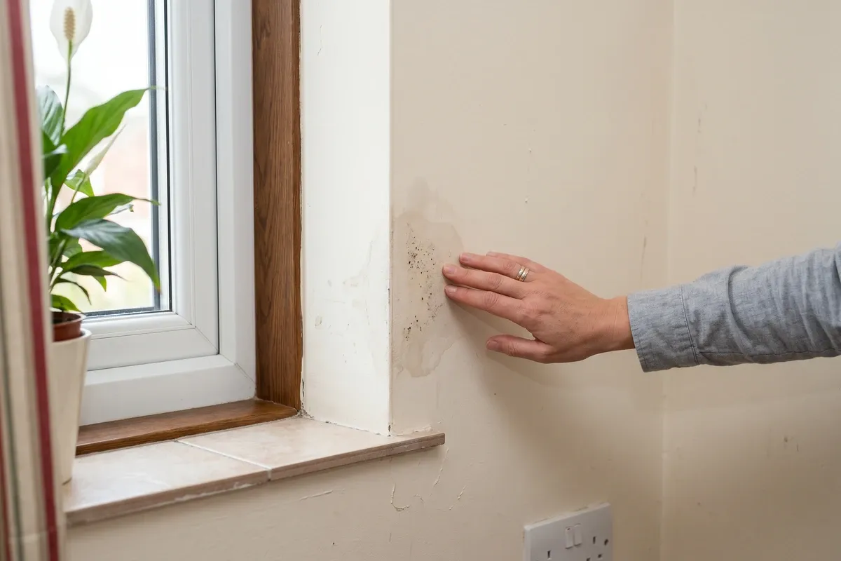 A moisture stain and slight mold speckling near a window frame in a home interior, with a person's hand touching the damp wall surface, natural daytime room light, documentary style.