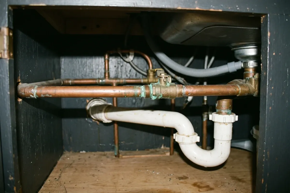 Aging copper supply pipes under a kitchen sink in an older Phoenix home, slight green oxidation visible at a fitting joint, ordinary pipes and p-trap, dim under-cabinet light.