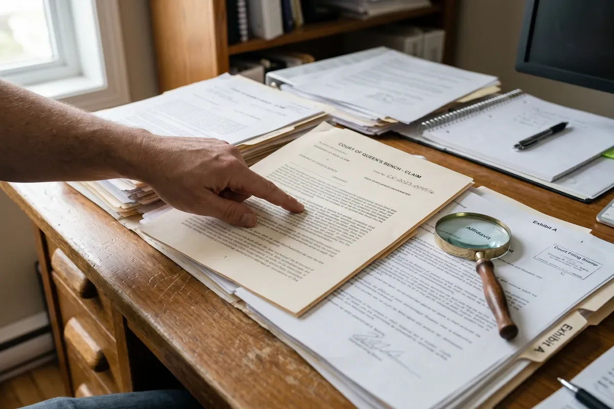 Legal filing on a desk with a hand pointing at a paragraph and a magnifying glass nearby — a research scene representing document-sourced case review
