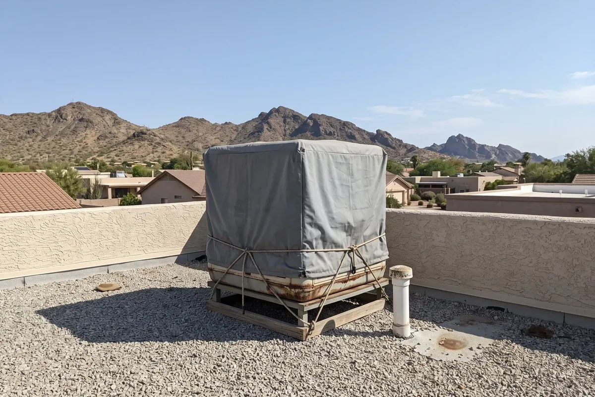 A fitted cover installed over a rooftop swamp cooler on a Phoenix stucco home, clear autumn light, desert sky in the background.