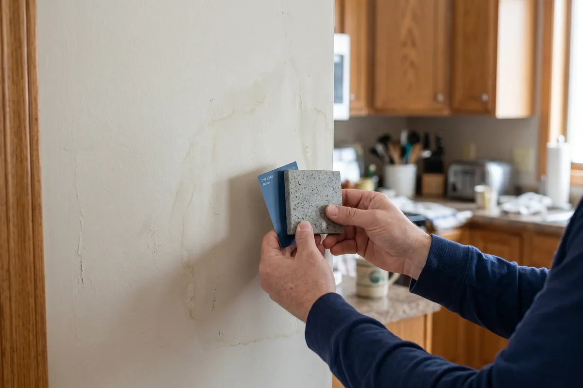 A homeowner examining a paint chip and material sample next to drywall with light water staining, deciding how to handle a mold problem.