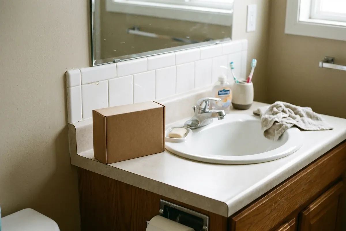 DIY mold test kit box on a bathroom countertop next to a sink, plain cardboard packaging, natural window light, ordinary residential bathroom setting.