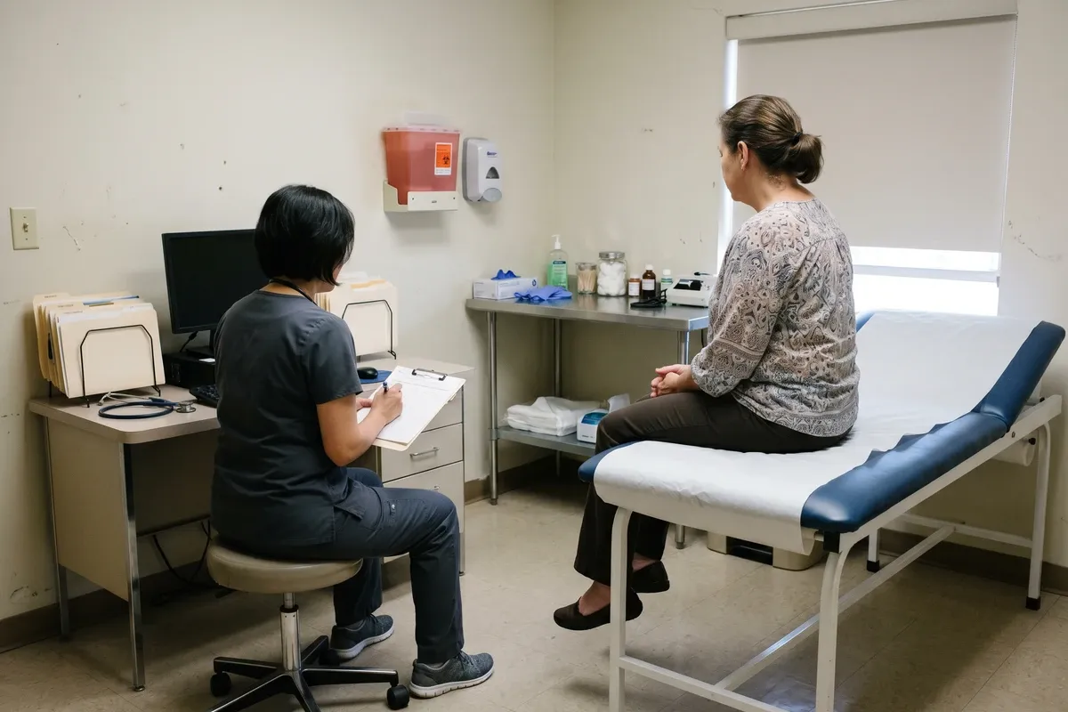 Calm doctor exam room consultation scene, patient seated on exam table, natural light from window, no identifiable faces.