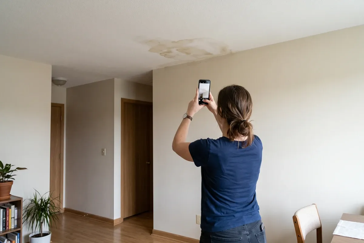 A person photographing a water-stained ceiling in a condo with a smartphone, shot from behind showing no face, plain residential ceiling with discoloration, natural light.