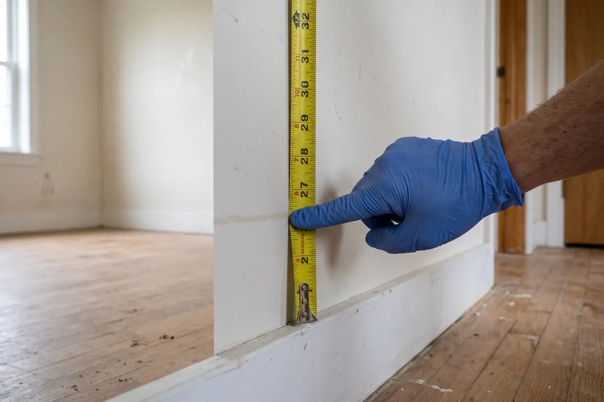 A gloved hand holding a tape measure flat against a drywall water line, lit by daylight from a nearby window