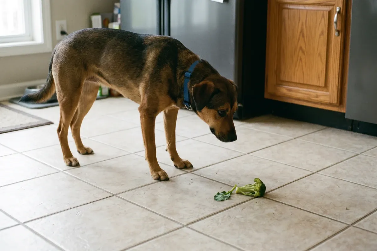 A dog looking at food scraps on a kitchen tile floor, plain indoor setting, natural light, no drama.