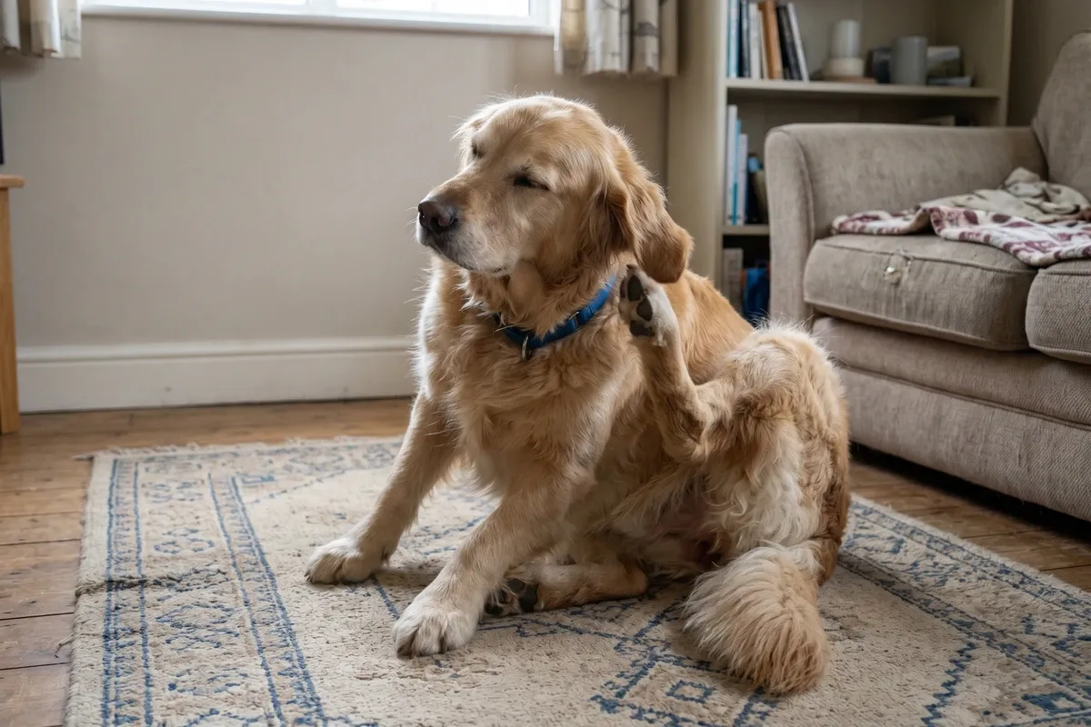 A golden retriever scratching its ear on a living room rug, calm domestic scene, soft indoor light.