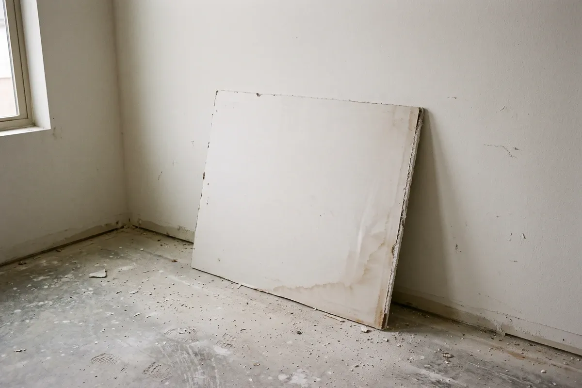 Cut offcut of a drywall panel leaning against a wall, its paper facing showing a light, uneven brownish discoloration near one edge