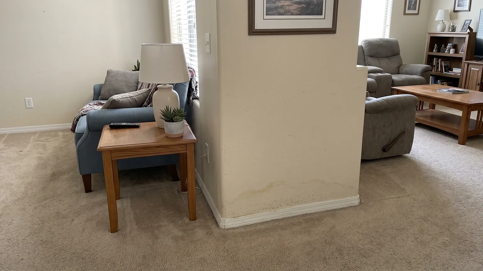 Faint water staining and early mold spotting on drywall near the baseboard in a Phoenix home — mild early-stage condition from slab moisture wicking up.