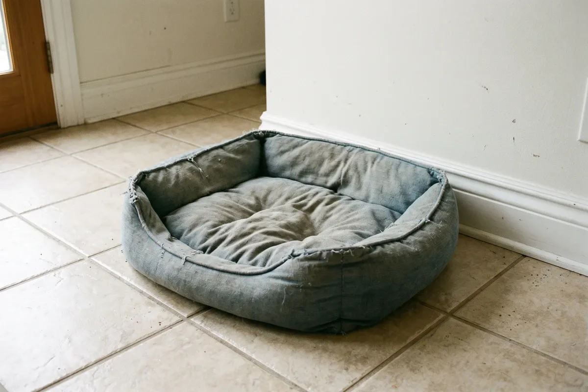 A worn fabric pet bed sitting on a tiled floor near a baseboard, soft indoor light, slightly rumpled cover, no animals.