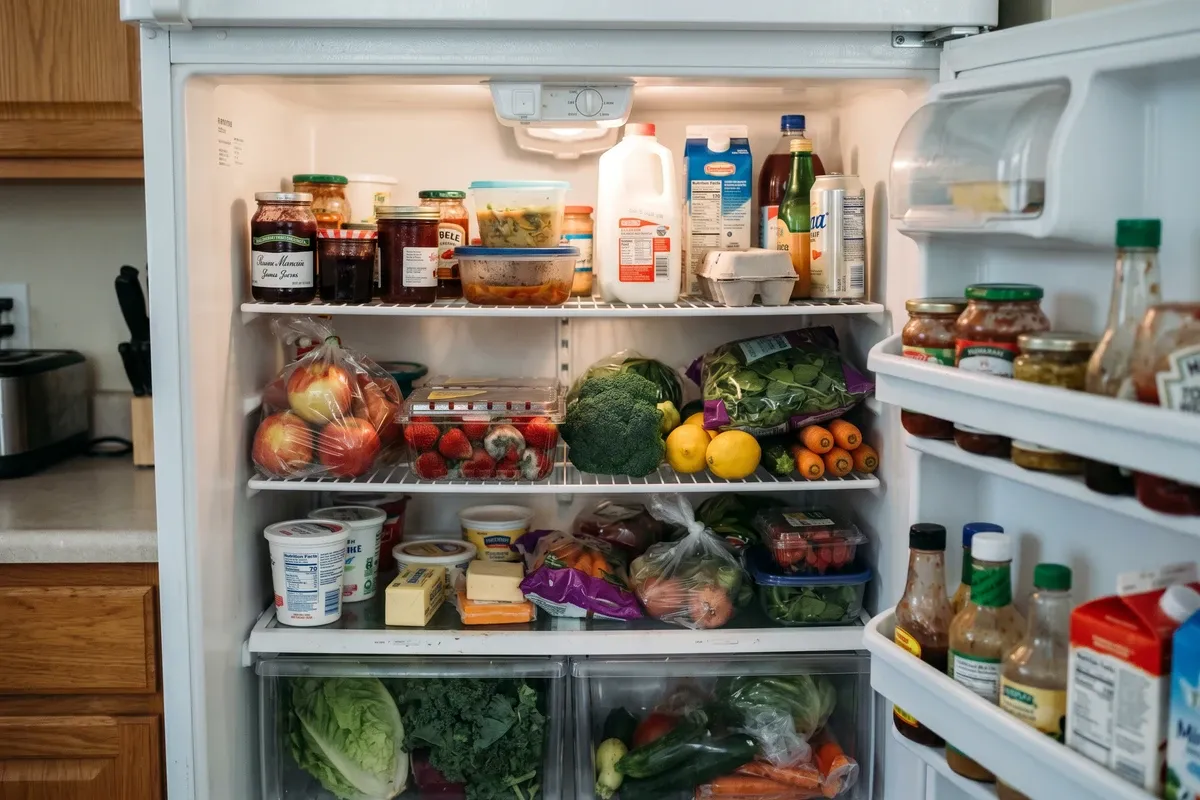 Refrigerator interior with fresh produce, a few moldy strawberries visible on one shelf, realistic photo showing everyday food spoilage situation