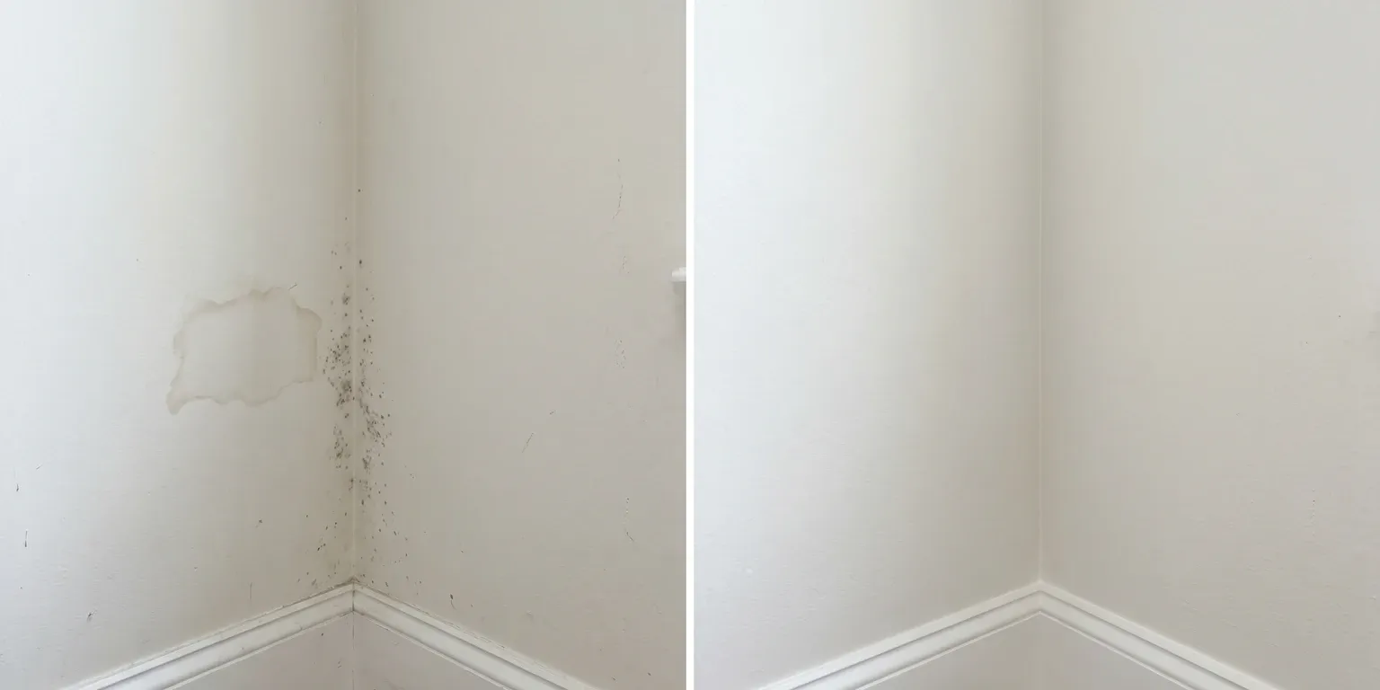 A real Glendale mold removal job shown before and after — mold-damaged surface on the left, cleaned and repaired on the right.