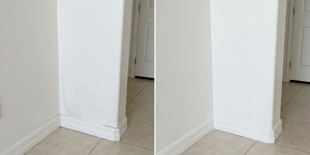 A real Goodyear mold removal job shown before and after — mold-damaged surface on the left, cleaned and repaired on the right.