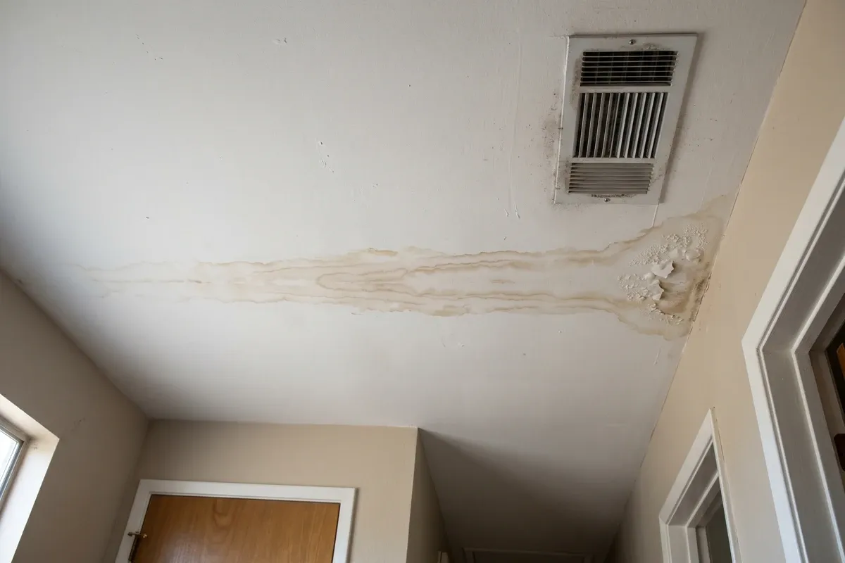 Drywall ceiling inside a Phoenix home showing a long gradual water stain with tide rings in brown and tan, paint bubbling in one corner, the stain spreading from an AC unit area, muted natural light.