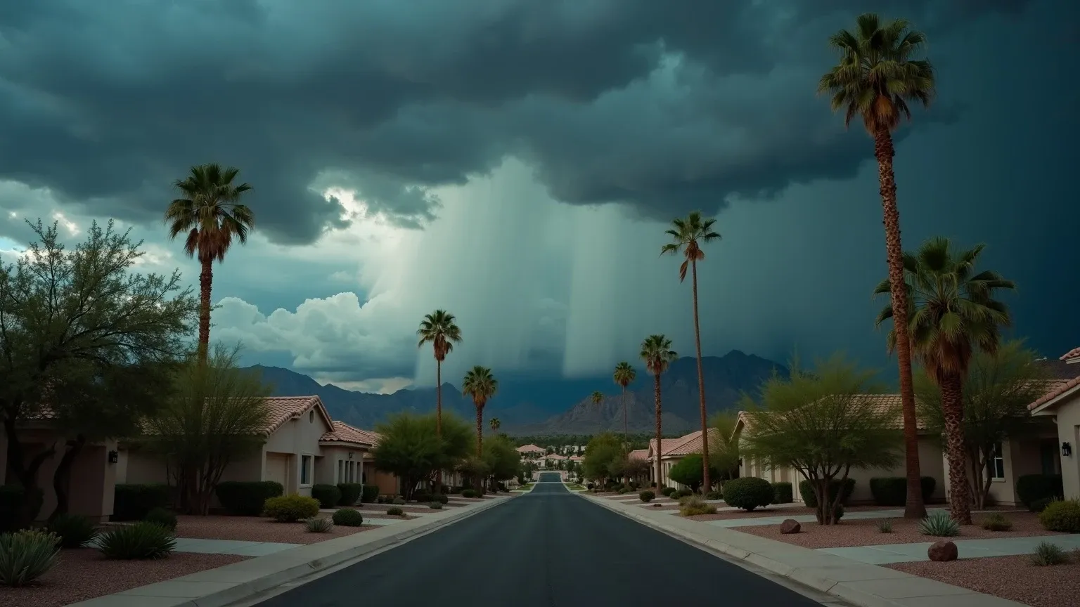 A Phoenix desert neighborhood of tile-roof stucco homes under a powerful summer monsoon storm with rain over the mountains.