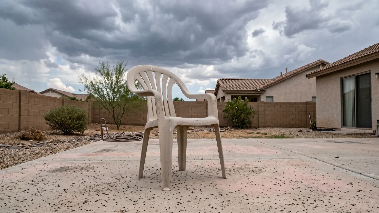 Plastic patio chair on a Phoenix backyard concrete pad showing mild dark speckling and light pink discoloration, monsoon-cloud sky in the background.