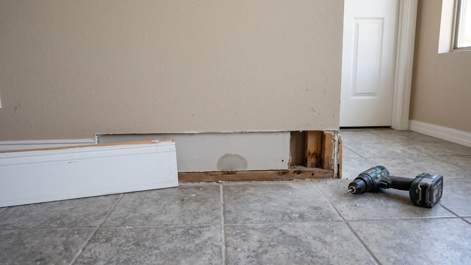 A pulled baseboard and a cut-out band of drywall above it, exposing a water-stained wood sill plate, with a grey damp mark on the drywall face