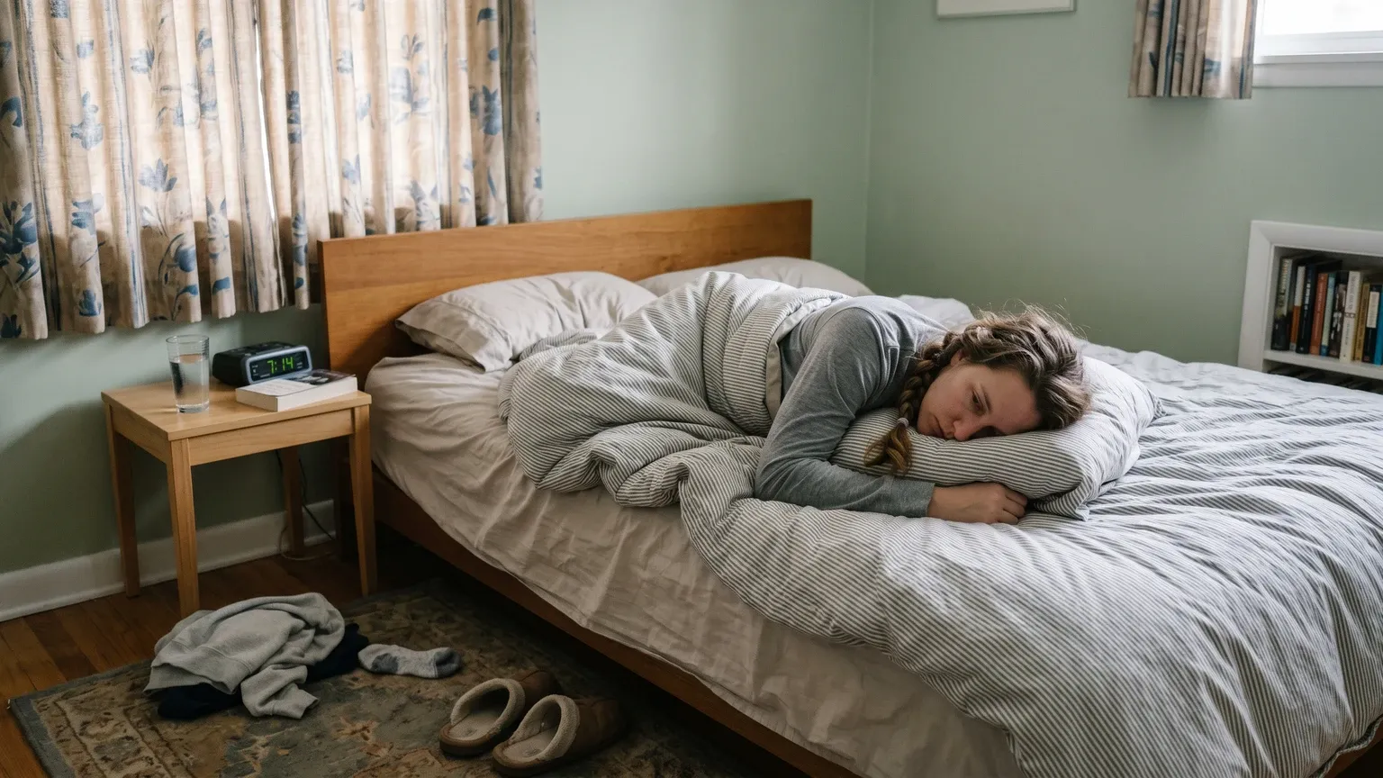 Person lying in bed in soft morning light, appearing exhausted and unrefreshed after sleep, honest documentary photo of fatigue.