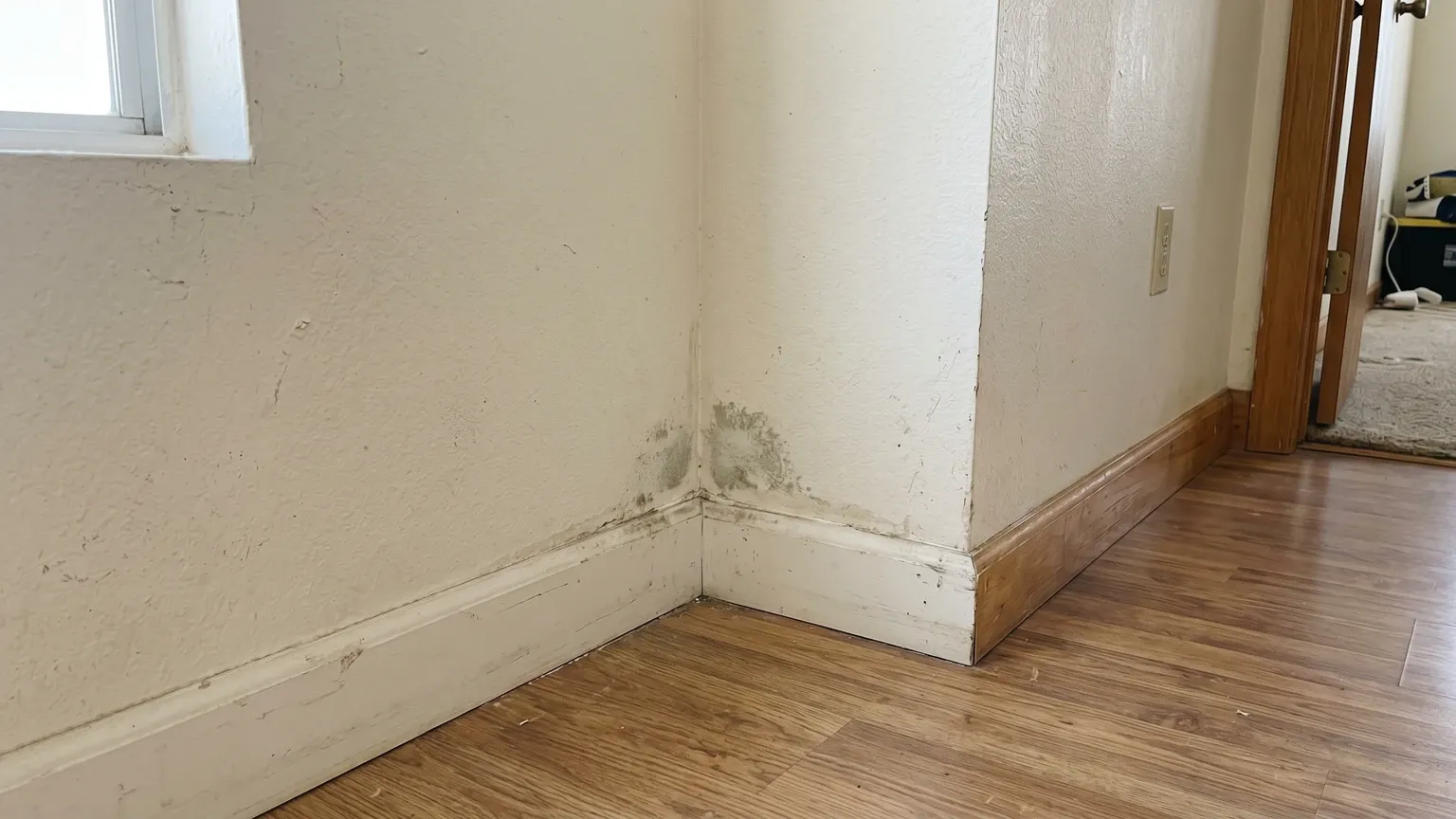 Small gray-green mold patch growing in the corner where an interior drywall wall meets the baseboard, mild early-stage growth on painted surface in an older Phoenix home.