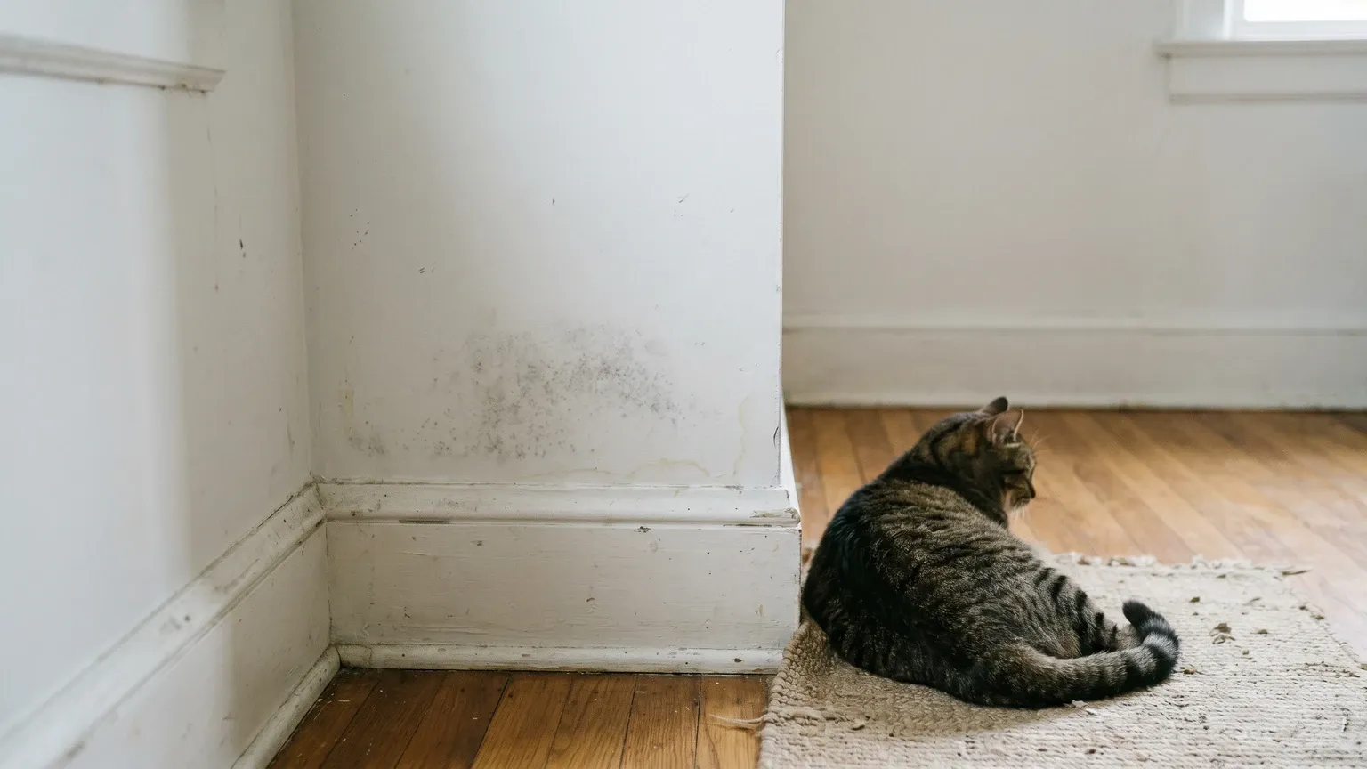 A calm tabby cat resting on the floor near the corner of a residential room with a faint dark mold patch low on the wall, soft natural window light, mild early mold growth not dramatic infestation.