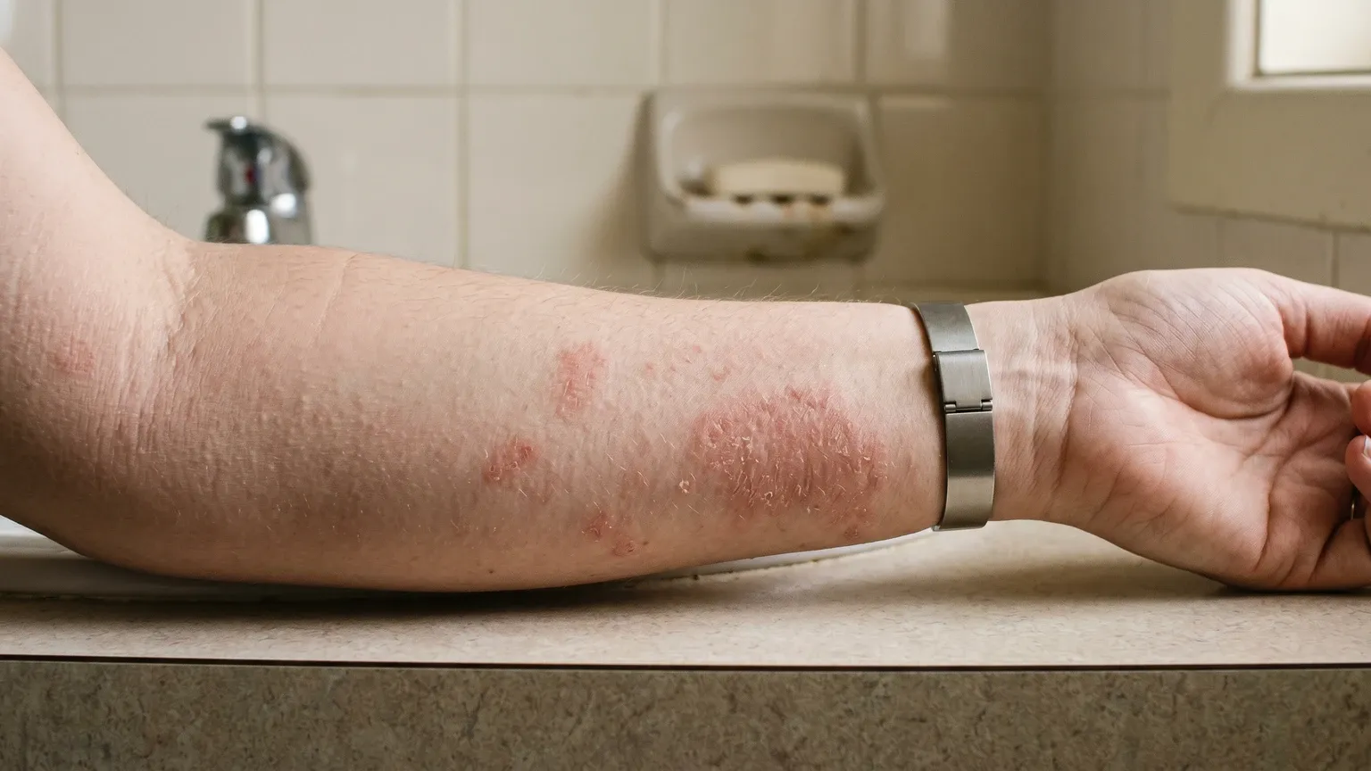 Close-up of a person's forearm showing a mild patchy eczema flare with dry, slightly reddened skin, warm indoor light, realistic and undramatic.