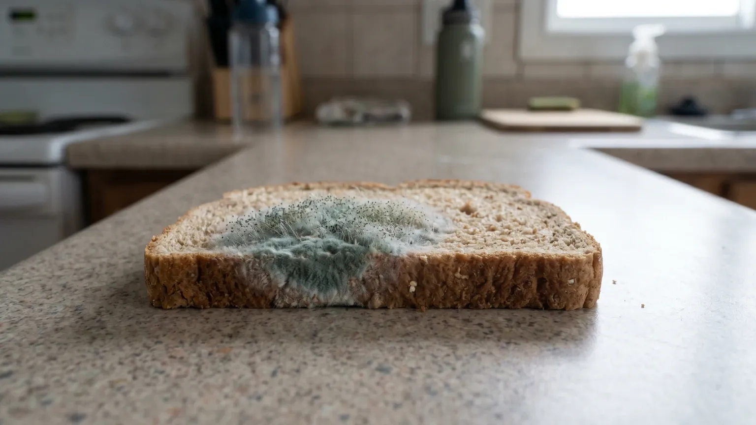 Close-up of fuzzy blue-green mold growth on a slice of bread on a kitchen counter, cottony texture with tiny colored spore dots visible at the tips of the filaments