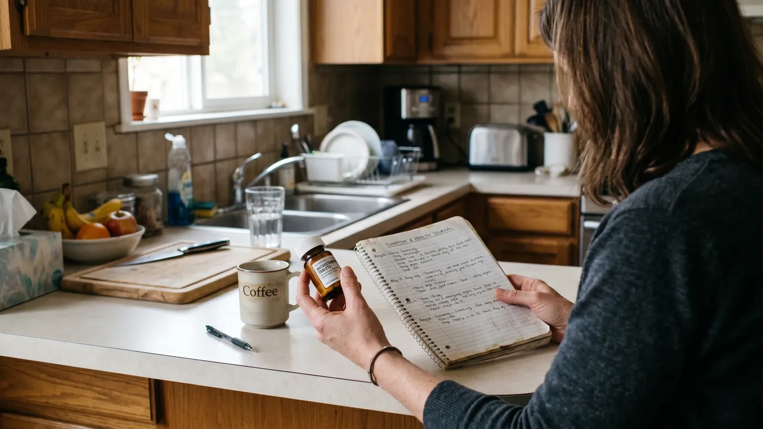 Person holding an antihistamine bottle and reading a symptom journal at a kitchen counter, warm indoor light, everyday health management scene.