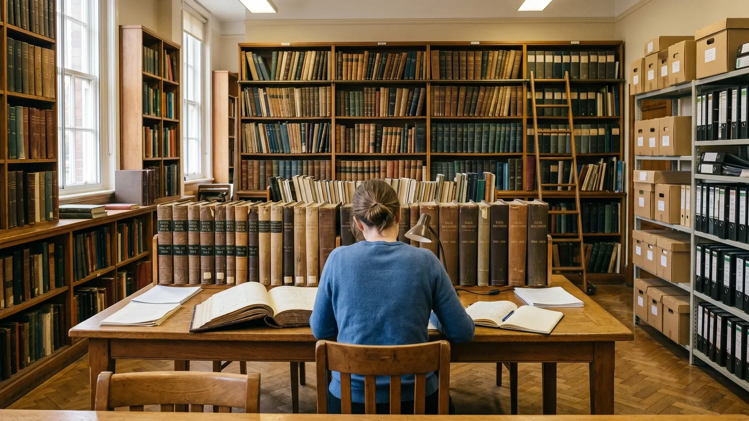 Researcher at a table in a historical medical library surrounded by dated case-file binders and journal volumes, warm afternoon reading-room light