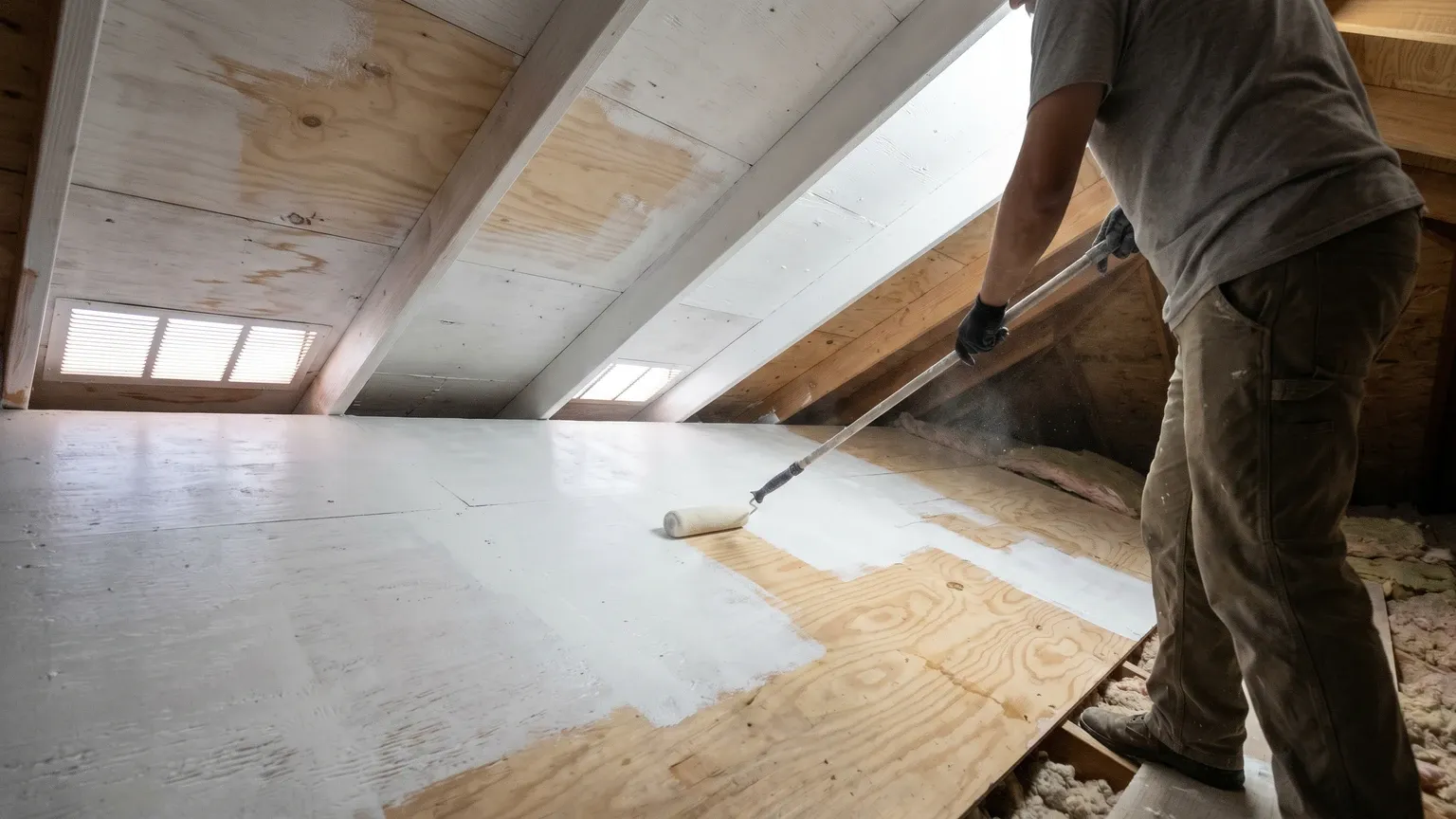 Phoenix attic sheathing with light staining, a roller applying matte white antimicrobial coating to an already-cleaned area — a supplemental step after full remediation, not a paint-over-mold shortcut.