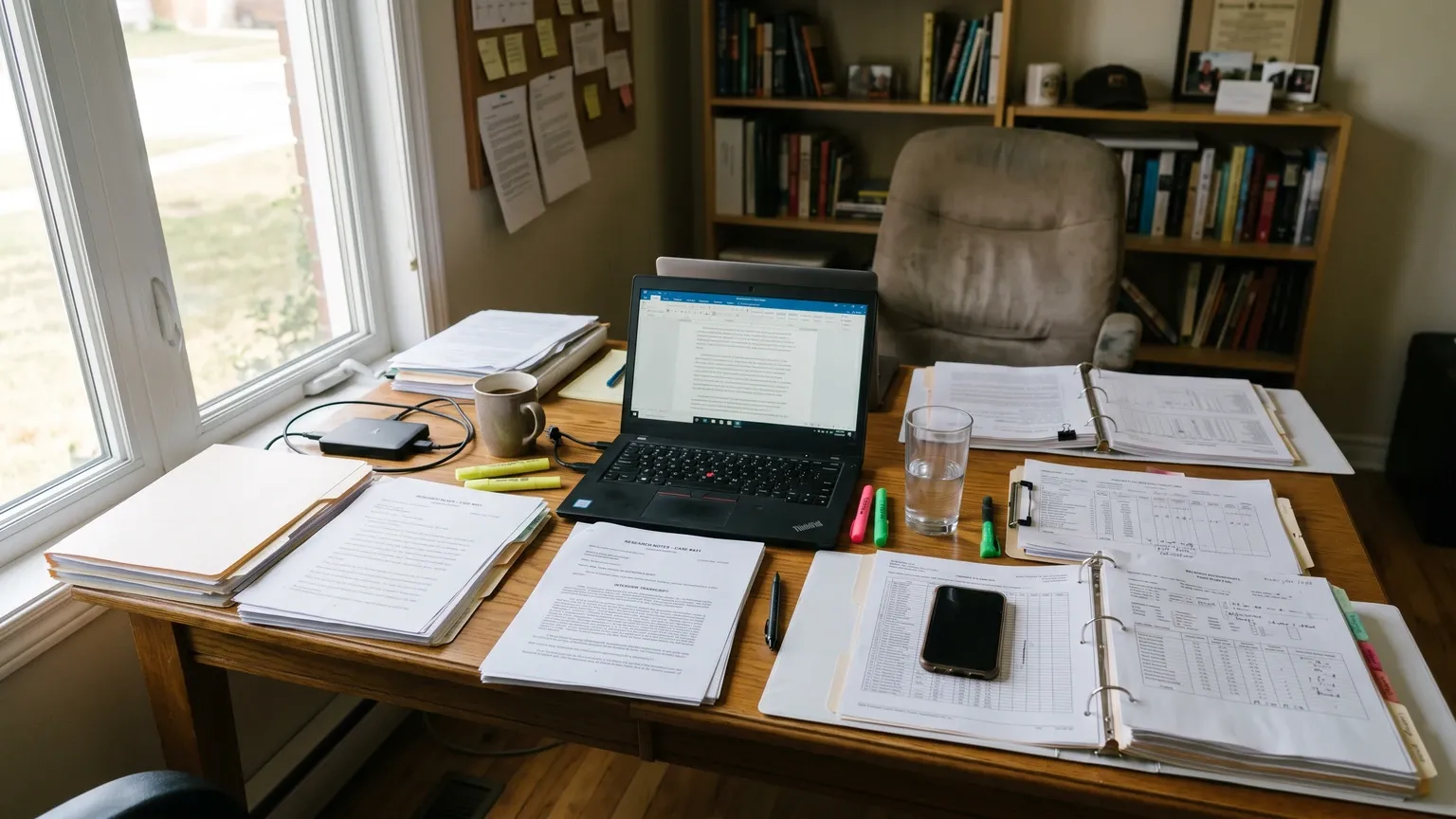 Research desk with legal papers, medical charts, and a laptop in warm afternoon window light — a journalist-at-work documentary scene