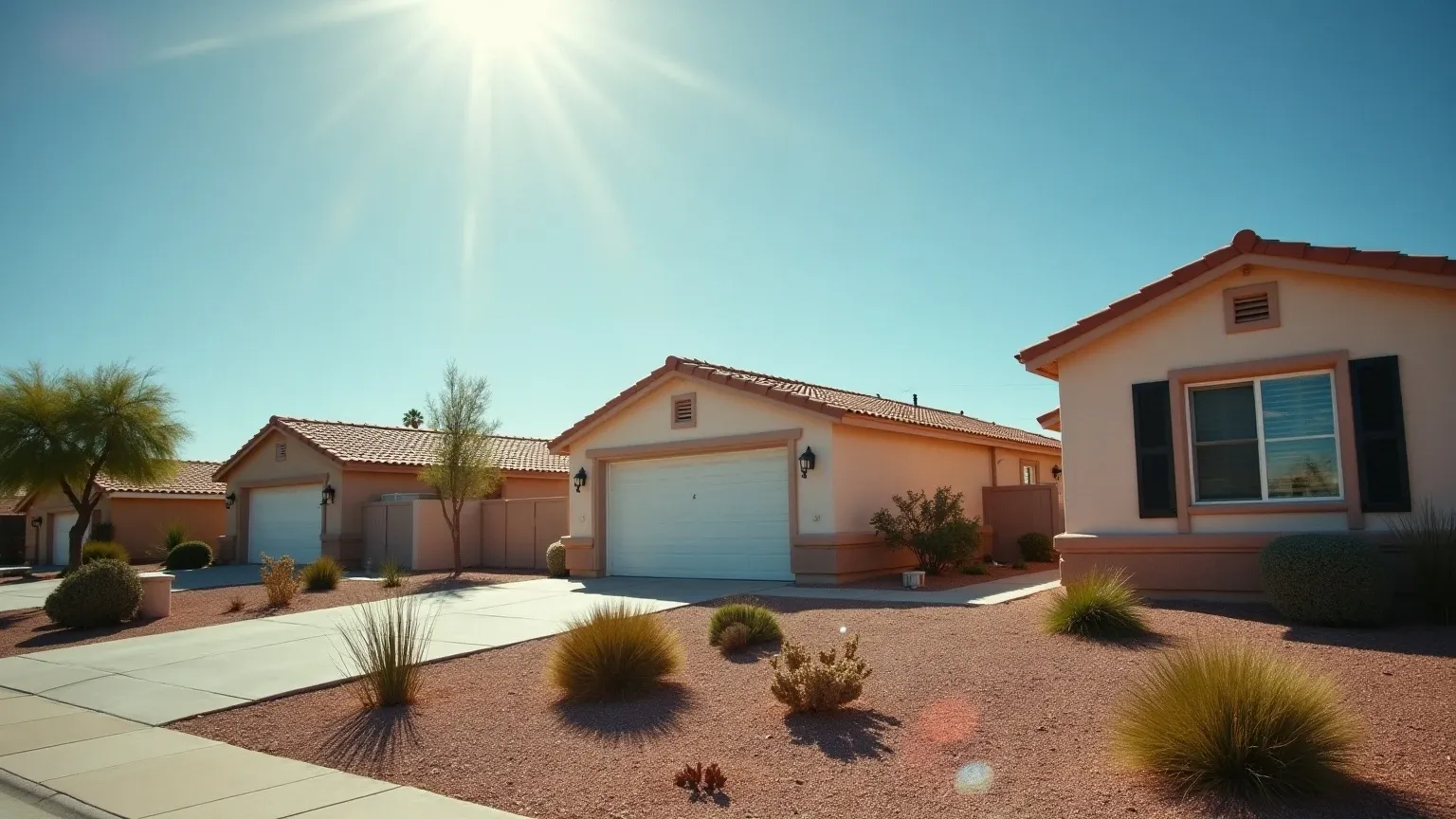 Bright midday Arizona sun beating down on a stucco desert neighborhood, exterior walls bleached by intense UV, clear blue sky