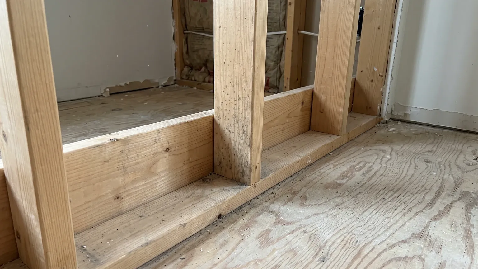 A faint patch of grey-black mold staining low on a wooden wall stud and plywood subfloor in a partially opened-up interior wall, ordinary work light — surface mold on structurally sound framing.