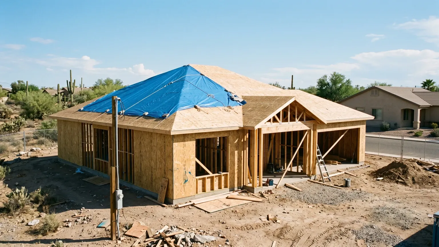 A new stucco home under construction in Phoenix, wood framing and OSB sheathing panels visible on the walls and roof deck, blue construction tarp partially covering the open structure, clear desert sky behind.