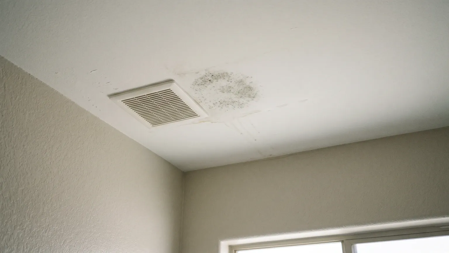 Modest faint dark mold patch near a bathroom ceiling vent grille in a Phoenix home, slight water staining on white drywall, soft natural light — illustrating mild, early mold growth rather than dramatic infestation.