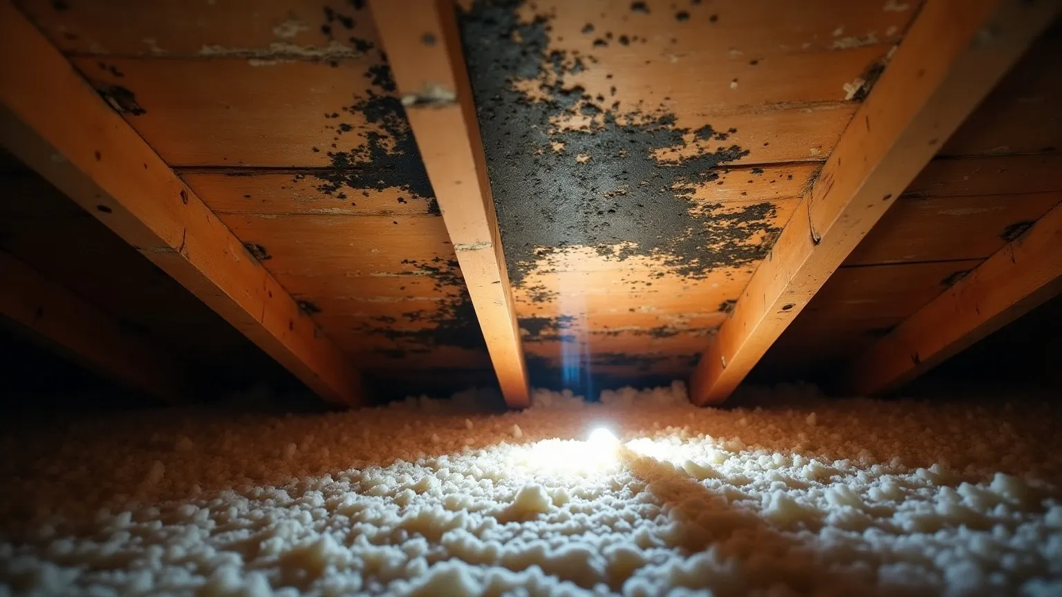 Dark mold spreading across the plywood roof decking and rafters of a Phoenix home attic, with blown insulation below and diffuse light from an attic vent.