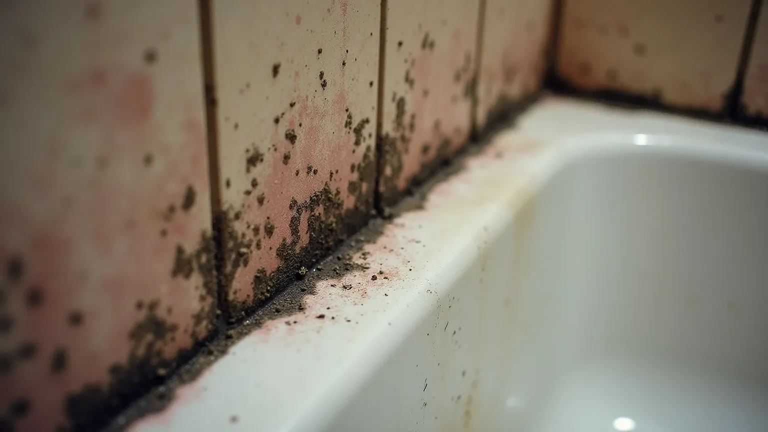 Black and pink mold on shower grout lines and caulk around a tub surround, close-up of tile in a Phoenix home bathroom